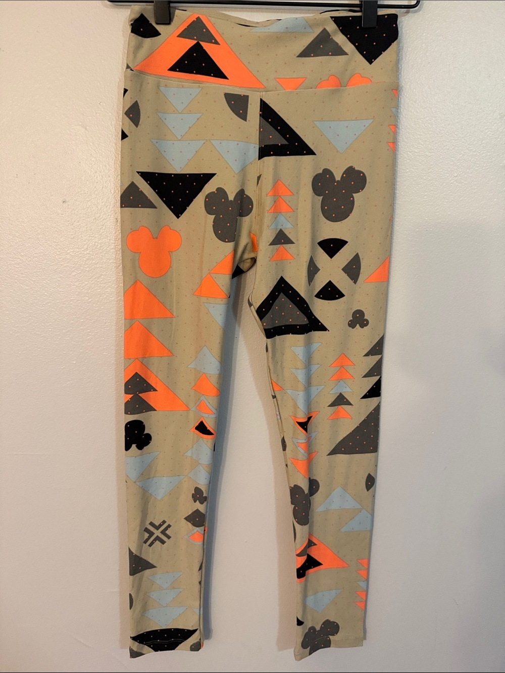LuLaRoe Disney Mickey Mouse Leggings with Orange, Black & Blue Geometric Print